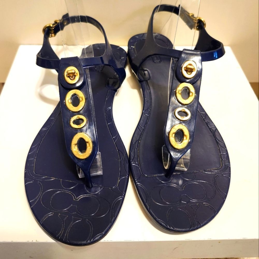 Coach "Phila" Navy Plastic Thong Flat Sandals  W/Turnlock/O-rings sz.7.5 $100